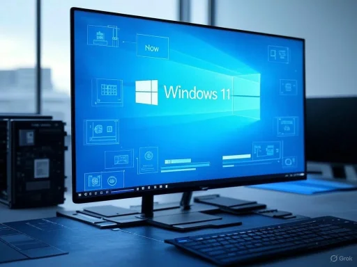 A computer monitor displays the Windows 11 startup screen in a modern office setting.