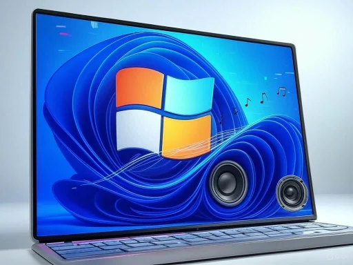 A laptop screen displays a Windows logo with musical notes and speakers, suggesting multimedia or audio functionality.