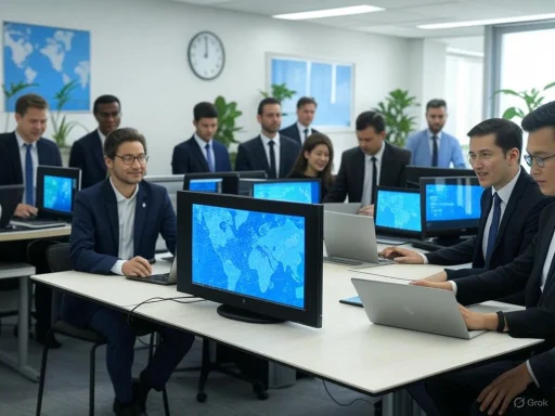 A group of professionals in formal attire attend a meeting in a modern, well-lit office with computers displaying world maps.