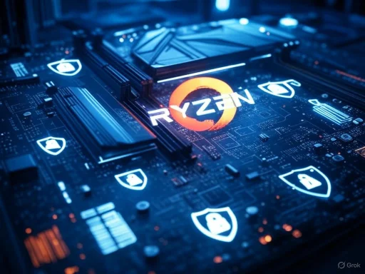 A close-up of a computer motherboard featuring the AMD Ryzen logo illuminated in orange and various security shield icons.