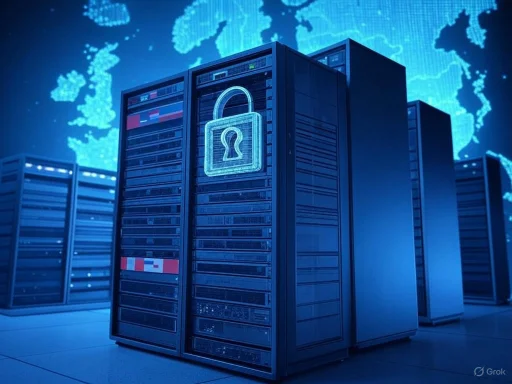 Data servers with a digital lock icon, representing cybersecurity and data protection in cloud computing.