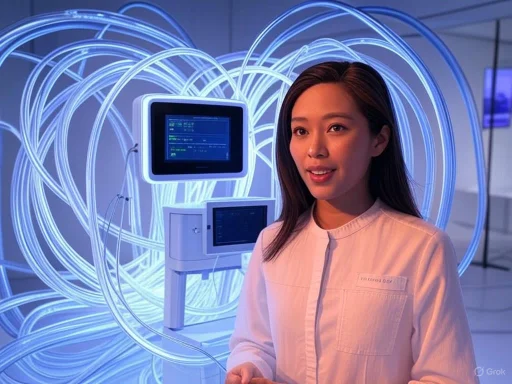 A woman in a light pink uniform stands in front of futuristic glowing blue neon loops and screens, suggesting a high-tech medical or scientific environment.