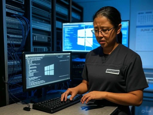 A woman working on a computer in a server room, appearing focused and concerned.