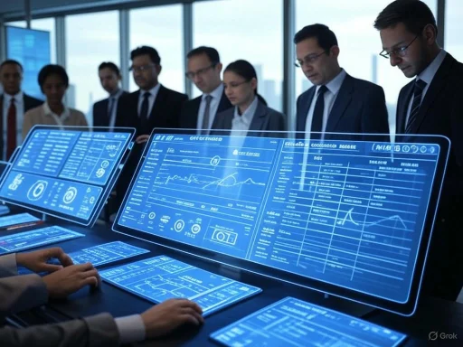 A group of professionals in business attire analyzing digital data displays in a modern office with large windows.