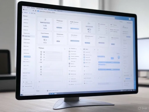 A computer monitor displays a blurred interface of a social media or management platform on a desk.