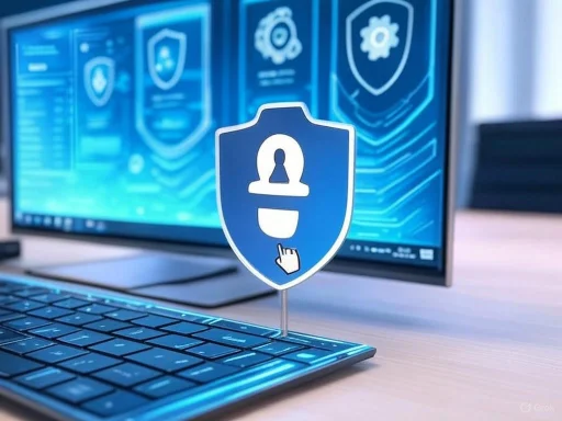 A digital security icon with a shield and user symbol on a computer keyboard and monitor background.