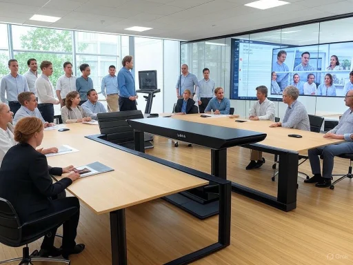A diverse group of employees participates in a hybrid meeting with some attending in person and others virtually via video conference.