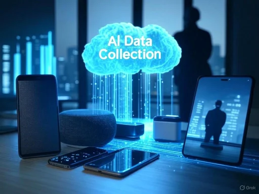 A digital cloud labeled 'AI Data Collection' surrounded by smart devices, illustrating data gathering for artificial intelligence.