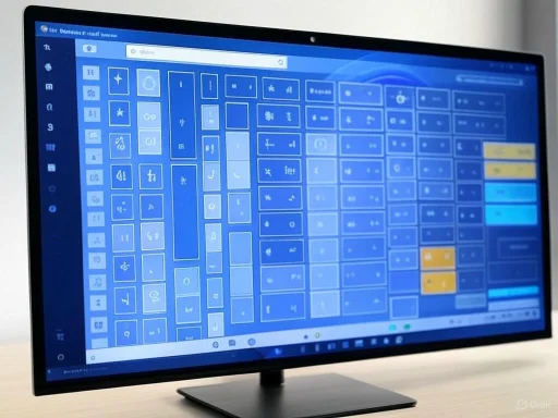 A computer monitor displays a blue keyboard layout with icons and some keys highlighted in yellow and blue.