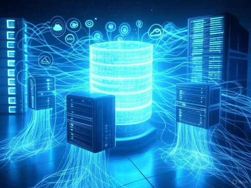 Futuristic digital data center with holographic servers and interconnected data streams in blue neon light.