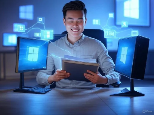 A person smiling while working with multiple computer screens displaying Windows logos and digital interface graphics.