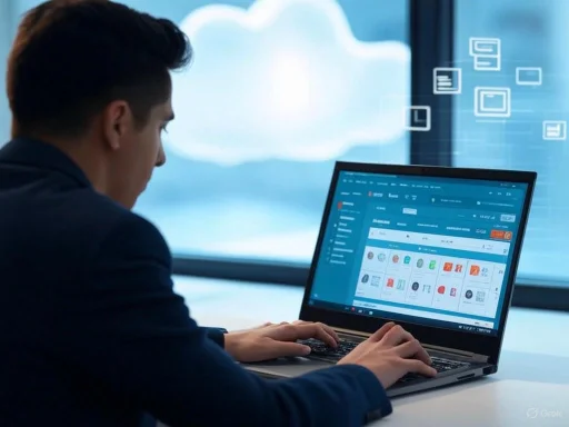 A person working on a laptop with a cloud computing and digital interface background.