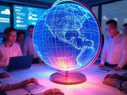 A team of professionals observes a glowing digital globe showing the Americas in a high-tech conference room.