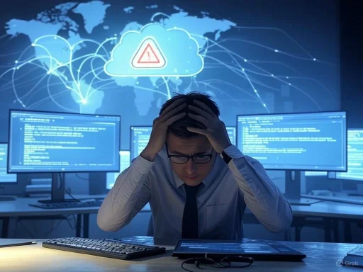 A stressed man in an office with multiple monitors shows a computer error warning on a world map background.