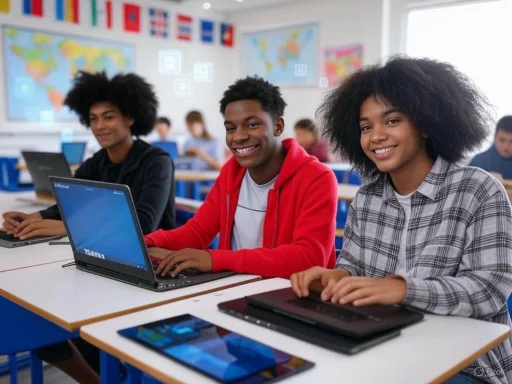 Students smiling at their laptops in a classroom with world maps and flags in the background. Students smiling at their laptops in a classroom with world maps and flags in the background.