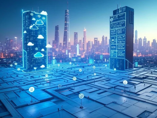 Futuristic cityscape with skyscrapers displaying digital cloud and data icons, illuminated in blue against a city skyline.
