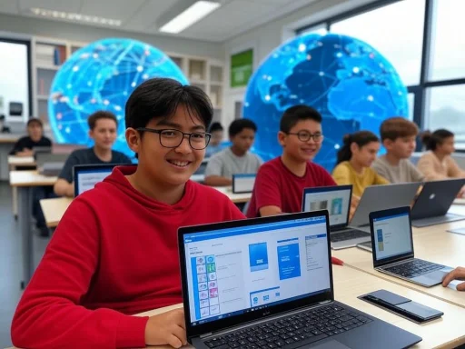 Students in a classroom using laptops, with a large digital globe in the background.