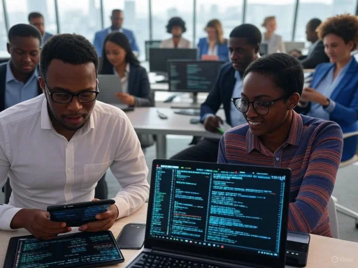 A diverse group of professionals collaborate in a modern office with multiple computer screens and coding displays.