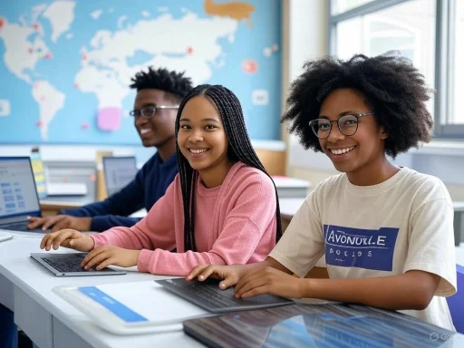 Three smiling students sit at a desk with laptops in a classroom, with a world map on the wall behind them. Three smiling students sit at a desk with laptops in a classroom, with a world map on the wall behind them.