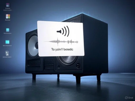 A computer speaker with a voice message overlay, featuring a distorted audio wave and text, on a digital desktop background.