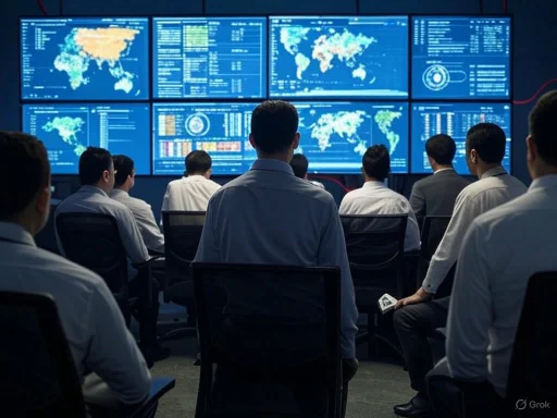 A team of professionals monitors global data displayed on multiple large screens in a control room.