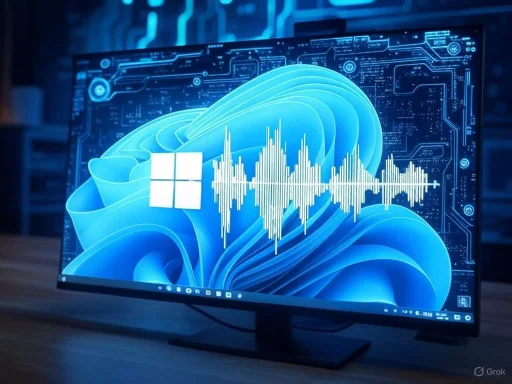 A computer monitor displays a futuristic digital interface with Windows logo, sound wave, and circuit design elements. A computer monitor displays a futuristic digital interface with Windows logo, sound wave, and circuit design elements.