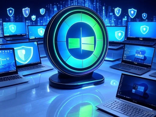 A digital security concept featuring multiple laptops and a central shield icon, emphasizing cybersecurity protection.