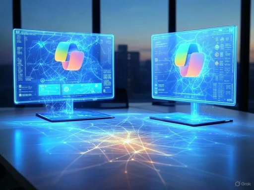 Futuristic digital hologram displays on two computer screens showing a colorful logo and data visualizations in a high-tech office.