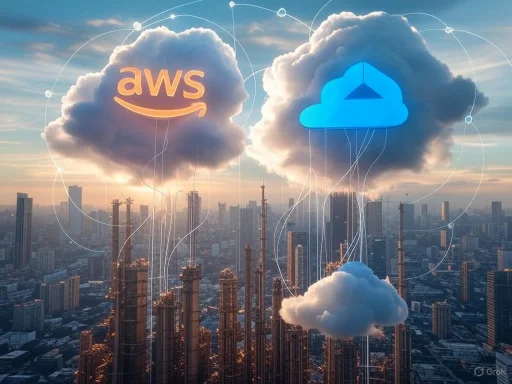 Cityscape with clouds featuring AWS and cloud icons, symbolizing cloud computing connectivity.