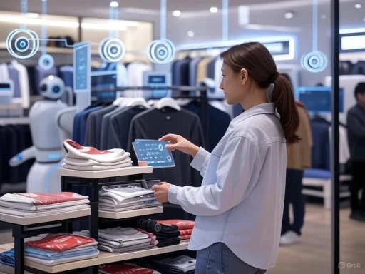 A woman in a store uses a digital device to shop or get information, surrounded by folded clothes and robotic technology.