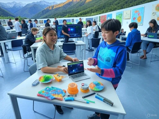 Students presenting science projects on a table, with colorful globes and art supplies, at an outdoor exhibition with mountains in background. Students presenting science projects on a table, with colorful globes and art supplies, at an outdoor exhibition with mountains in background.