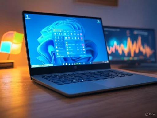 A close-up of a laptop with a Windows 11 desktop and a clipboard icon on a wooden desk, with another screen displaying a graph in the background.