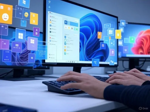 A person using a keyboard interacts with a multi-monitor setup displaying colorful digital icons and a Windows desktop interface.