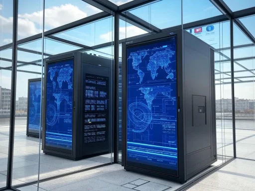 Data center servers with digital world maps displayed on screens, inside a glass-walled building.