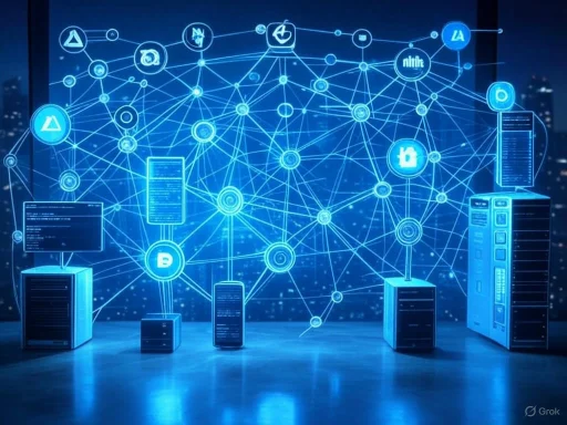 Digital connectivity and blockchain technology illustrated with interconnected nodes, servers, and devices. Digital connectivity and blockchain technology illustrated with interconnected nodes, servers, and devices.