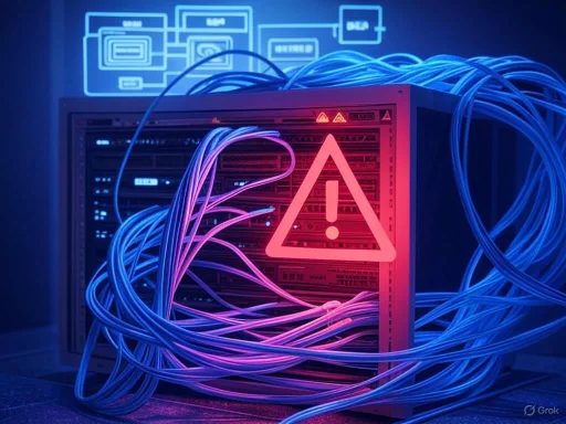 A server with warning sign and tangled cables, illuminated by neon blue and pink lights.