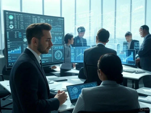 Business professionals in a high-tech conference room analyzing data on multiple digital screens.