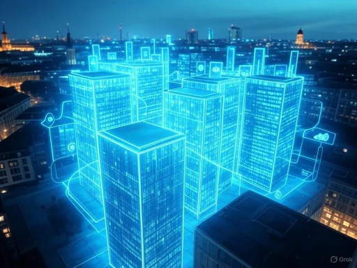 A digital hologram of a futuristic cityscape with glowing blue skyscrapers over a real city skyline at night.