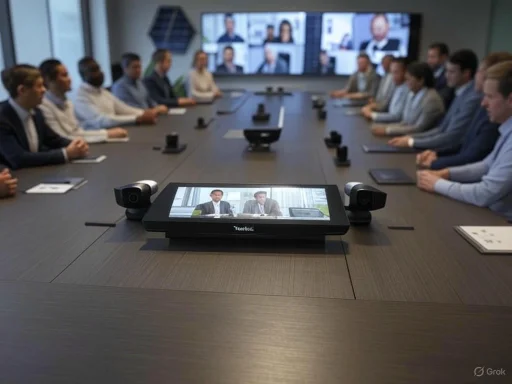 Business meeting with video conferencing facilities connecting participants remotely.
