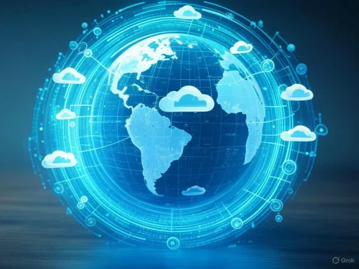A digital representation of Earth surrounded by cloud icons and futuristic technological graphics.