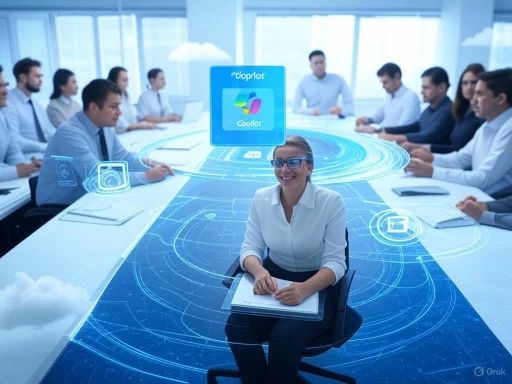 A diverse group of professionals is engaged in a futuristic meeting with holographic digital interfaces.