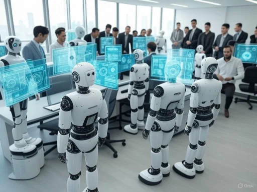 Robots and humans collaborate in a high-tech office with holographic displays and advanced AI interfaces.