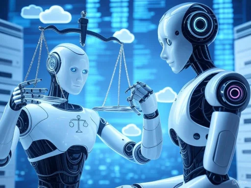 Robotic robots with human-like features hold a balance scale, symbolizing justice and artificial intelligence debate. Robotic robots with human-like features hold a balance scale, symbolizing justice and artificial intelligence debate.