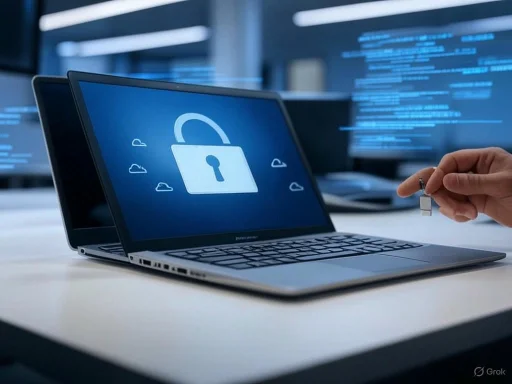 A person's hand plugs in a security token or USB device into a laptop with a padlock and cloud icons on the screen, indicating cybersecurity.