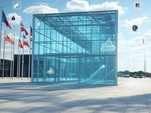 Modern glass building with digital icons overlay, flags, and a clear sky background.