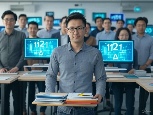 A man in glasses holds a stack of books and supplies, standing confidently in front of a group of colleagues in a high-tech office.