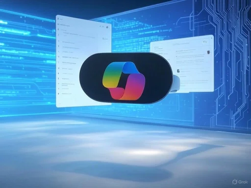 A VR headset displaying a colorful app icon, surrounded by digital floating windows and circuit-like graphics.