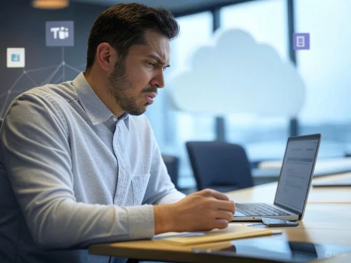 A man concentrates while working on his laptop in a modern office with cloud and data icons in the background.