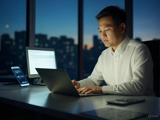 A man works on a laptop in an office at dusk, with city buildings and a moon visible through large windows. A man works on a laptop in an office at dusk, with city buildings and a moon visible through large windows.