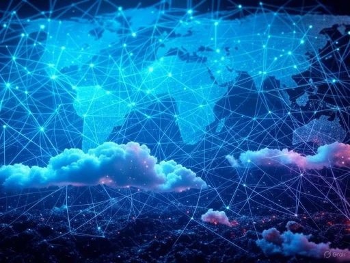 A digital world map with interconnected network lines over clouds and space, illustrating global connectivity.